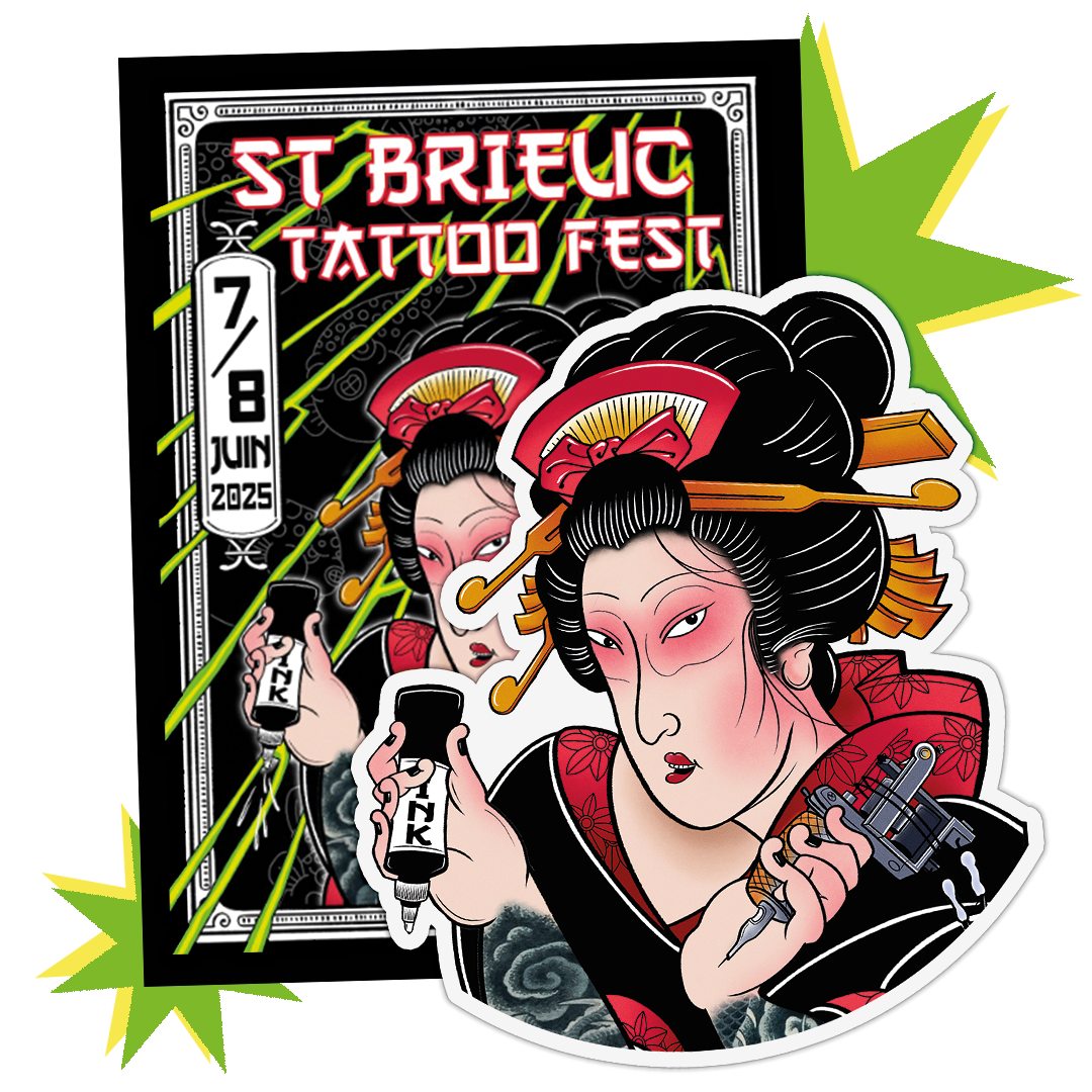 Plakat des St Brieuc Tattoo Fest 2025 mit konturgeschnittenem Aufkleber einer Geisha mit Tinte und Tätowiermaschine