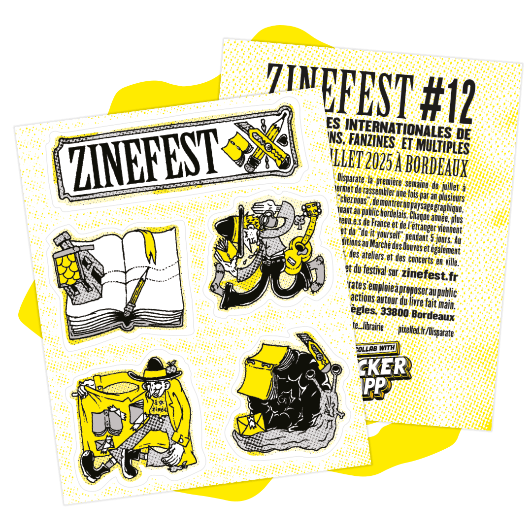Aufkleberbogen vom ZINEFEST Bordeaux mit Zine-Illustrationen neben dem Festival-Flyer