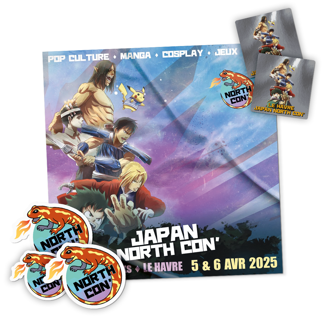 Anime-Plakat der Japan North Con' 2025 in Le Havre mit konturgeschnittenen Aufklebern mit Salamander-Logo