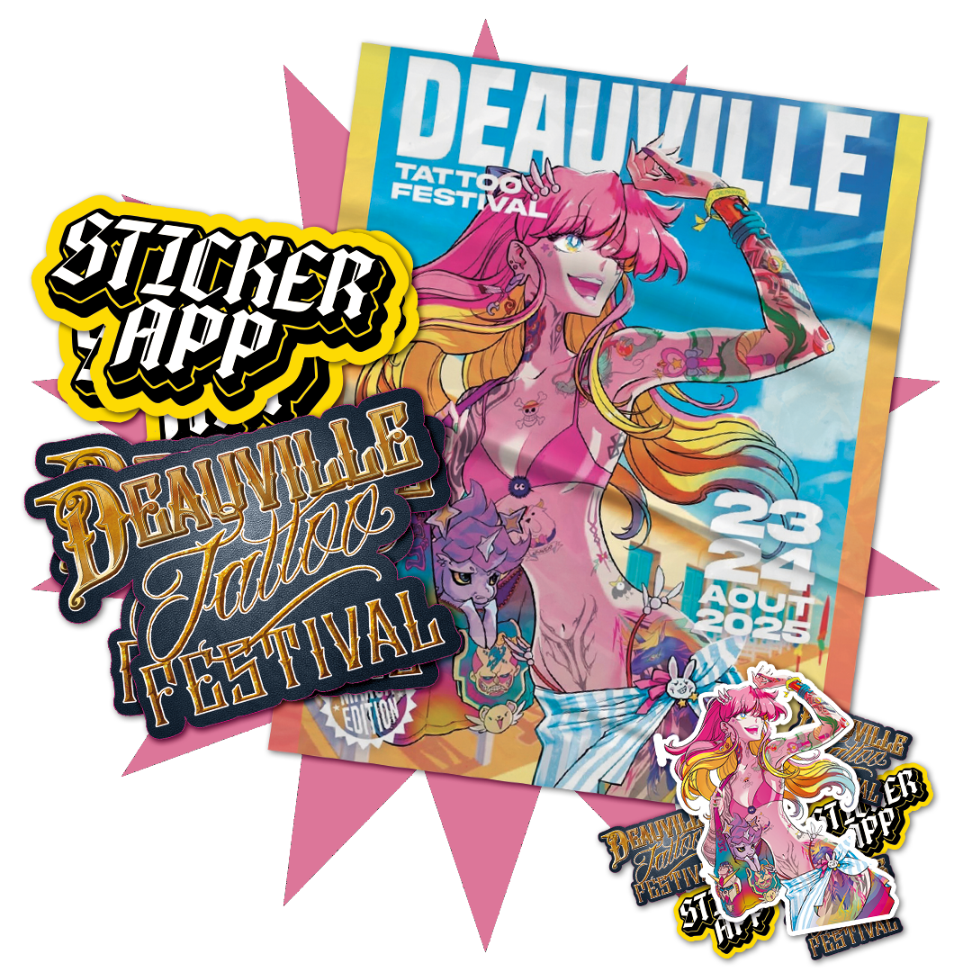 Plakat des Deauville Tattoo Festival mit tätowierter Frau im Anime-Stil und StickerApp-Collab-Aufklebern