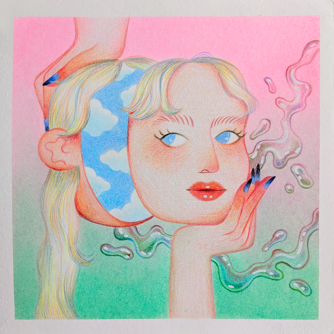 Surreal artwork of a woman's face with sky-themed cutouts and fluid shapes, set against a pink and green gradient background.