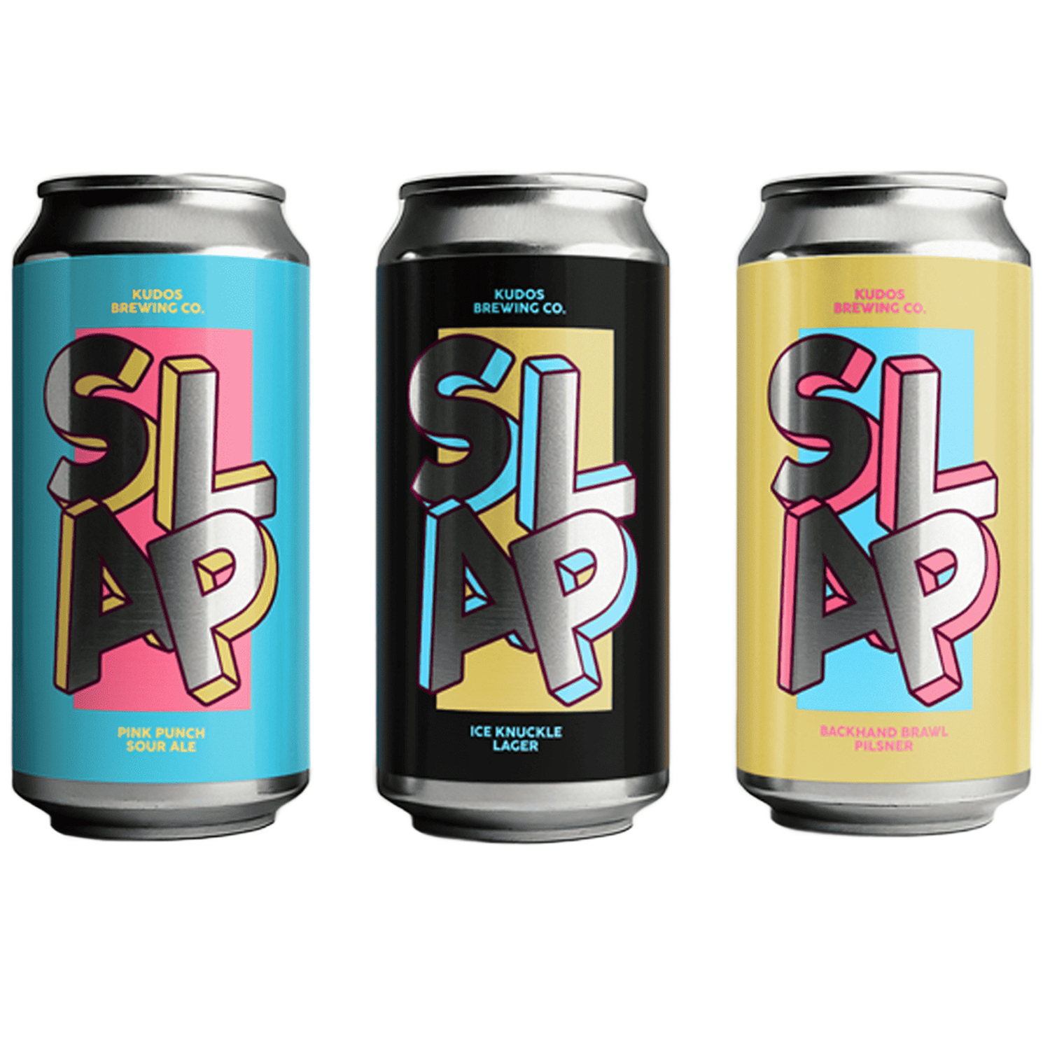 Drei Bierdosen mit eigenen Etiketten für die SLAP-Biere von Kudos Brewing Co., fette Schrift mit metallisch silbernem Finish