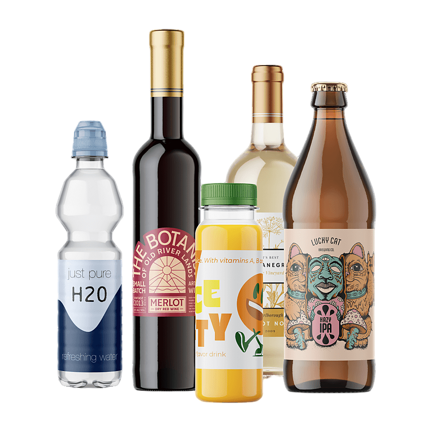 Eigene Produktetiketten auf Wasser-, Wein-, Saft- und Craft-Beer-Flaschen