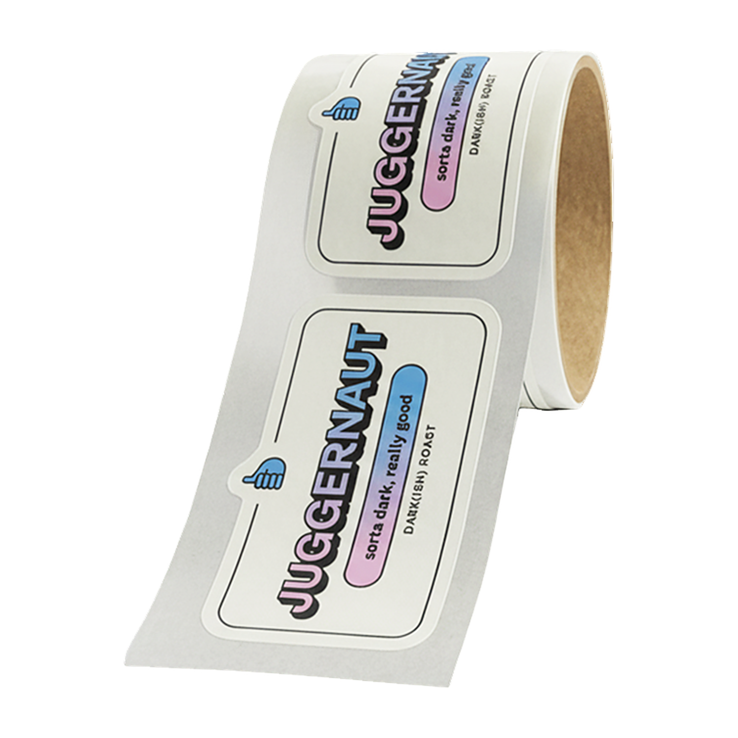 Rolle Kaffee-Etiketten von Juggernaut mit kräftigem, buntem Schriftzug
