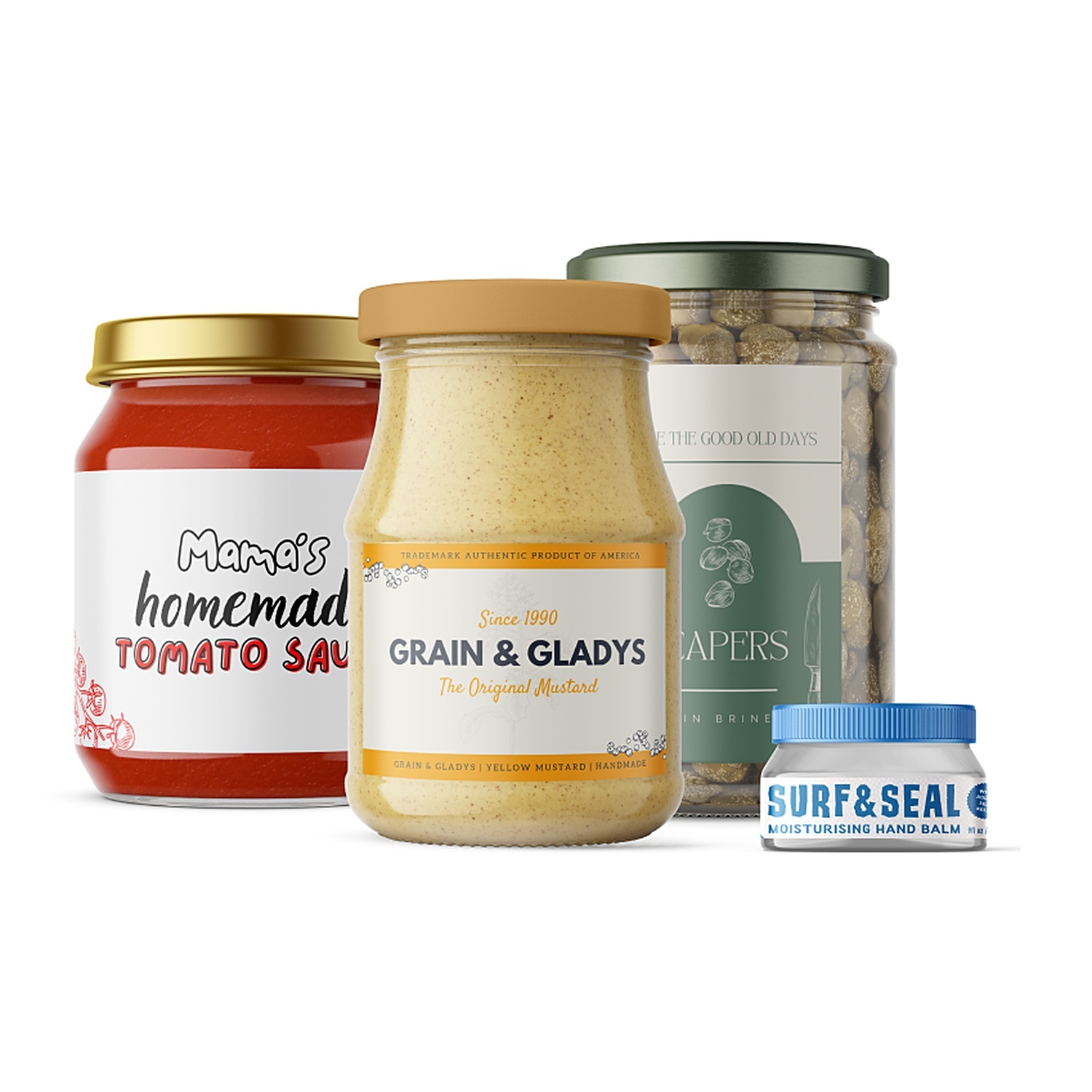Individuelle Etiketten auf Gläsern: "Mama's homemade tomato sauce", "Grain & Gladys" Senf, Kapern und eine Dose "Surf & Seal" Handbalsam