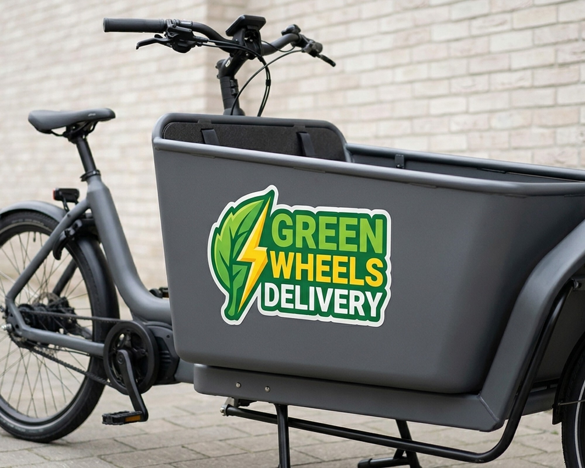 Eigenes Freiform-Decal mit Blatt-und-Blitz-Logo und dem Schriftzug „Green Wheels Delivery“ an der Box eines Lastenrads