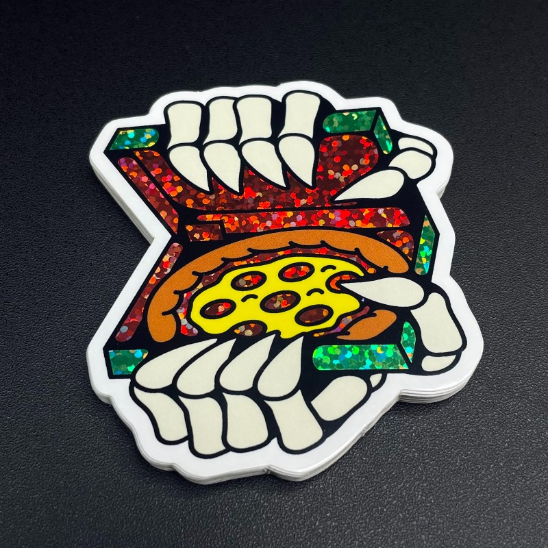 Sticker of spooky hands opening a pizza box